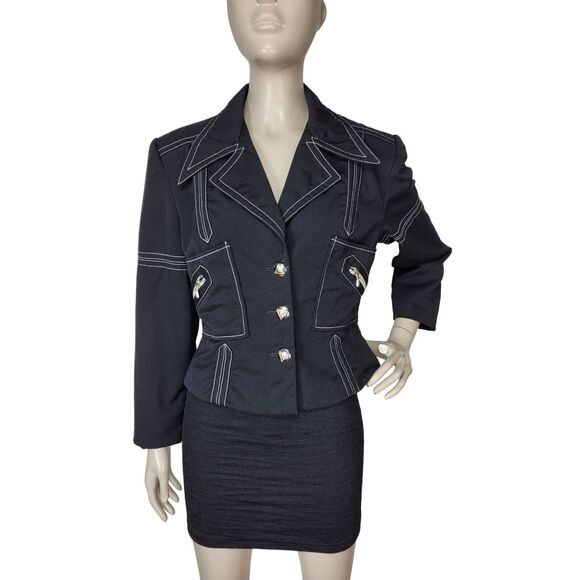 Vintage 90s Entre Deux Gothic Punk Black Worsted Wool Button-Down Blazer Jacket - Picture 6 of 9